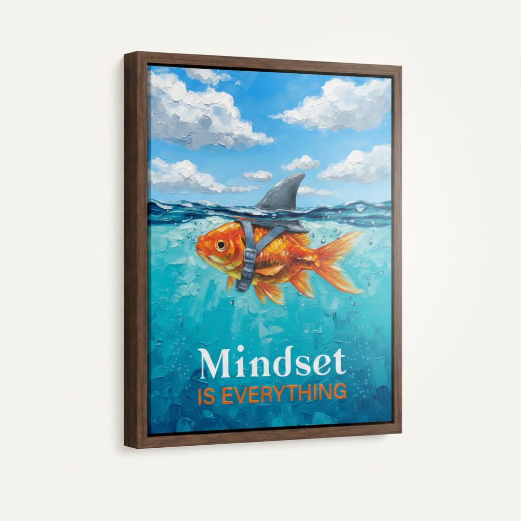 Floating frame motivational canvas wall art with goldfish shark fin design, three-quarter product view