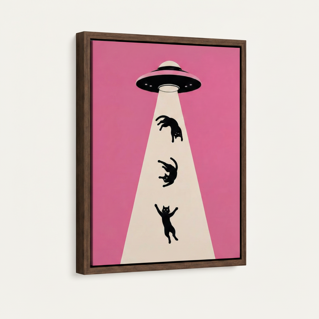 Framed pop art cat abduction canvas print, dark walnut floating frame, 3/4 angle view on clean off-white background