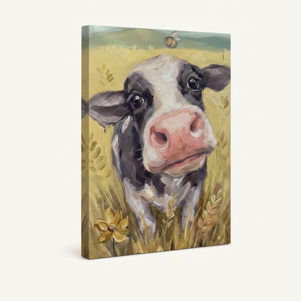 Stretched canvas farmhouse cow wall art with golden wheat field wrap on white background
