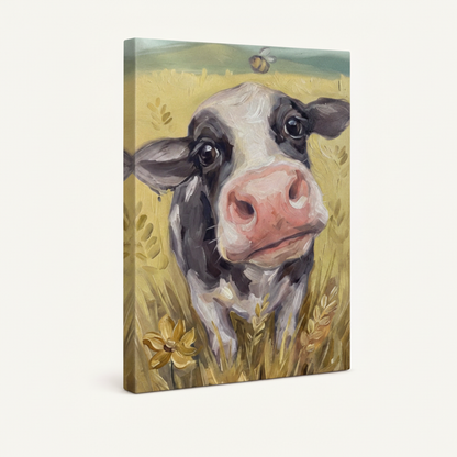 Stretched canvas farmhouse cow wall art with golden wheat field wrap on white background