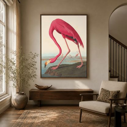 American flamingo Audubon-style framed canvas art in elegant home entryway foyer