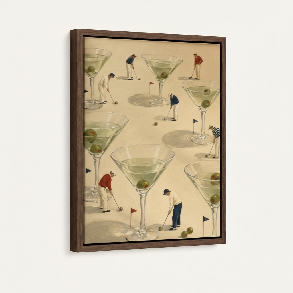 Vintage golf martini art print in dark walnut float frame on white background