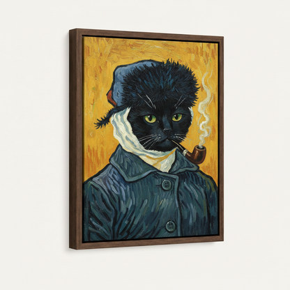Impressionist black cat canvas in dark walnut float frame, three-quarter product view