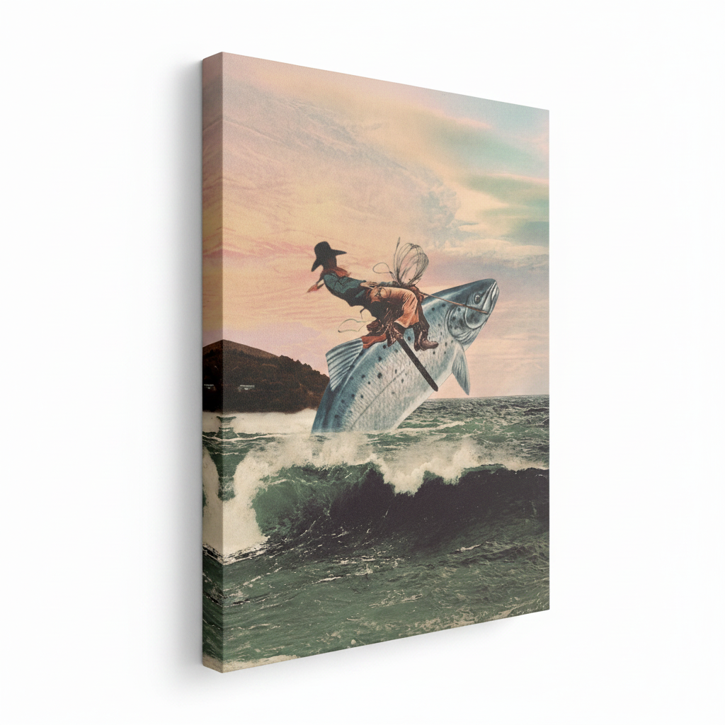 Frameless stretched canvas wrap of vintage fish rider surrealist art shown at angle on white background