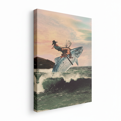 Frameless stretched canvas wrap of vintage fish rider surrealist art shown at angle on white background