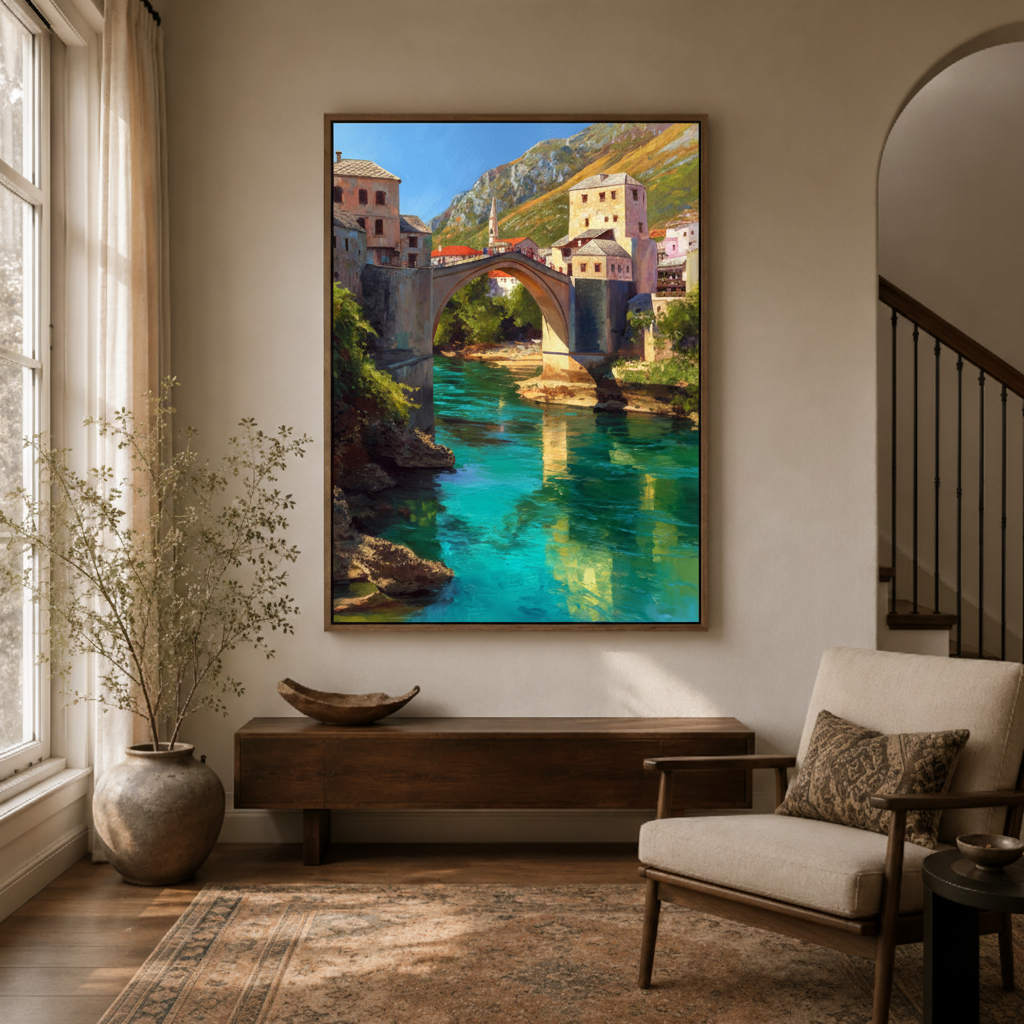 European river town realist canvas wall art in entryway – vivid oil painting with turquoise river and ancient stone town as striking hallway piece by Aurewall
