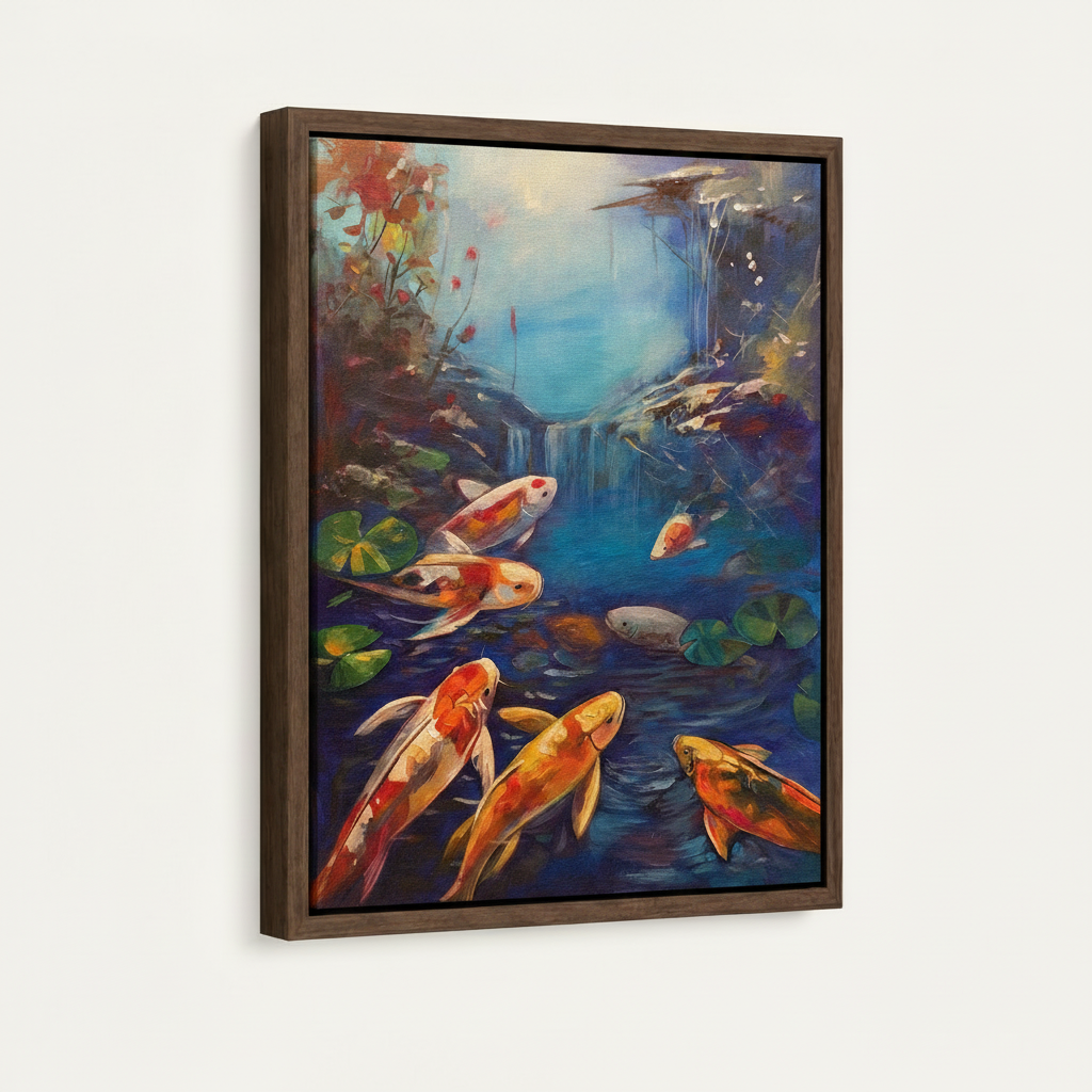 Gallery-wrapped koi fish canvas print shown at angle on white background, orange and gold tones