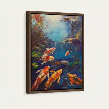 Gallery-wrapped koi fish canvas print shown at angle on white background, orange and gold tones