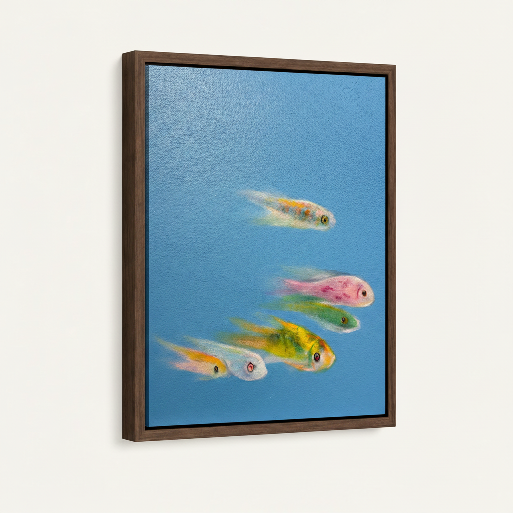 Framed colorful fish oil painting canvas with dark walnut float frame mounted on off-white wall