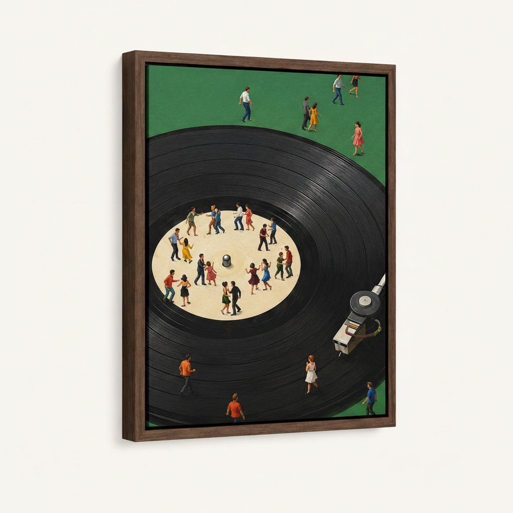 Vinyl record dance illustration canvas in dark walnut floating frame shown at 3/4 angle on white background