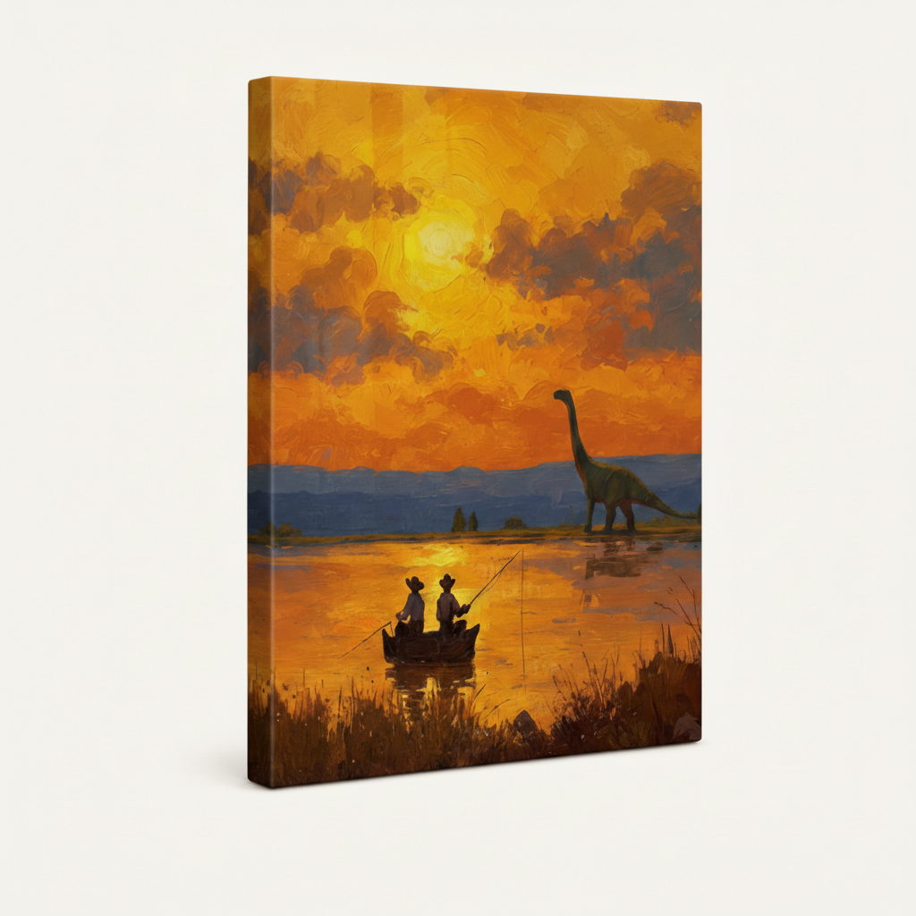 Stretched canvas side view of whimsical dinosaur sunset landscape wall art