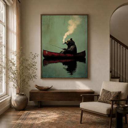 Humorous gentleman bear canoe canvas print in study – funny realist oil painting with dapper bear fishing in red canoe as sophisticated outdoor humor wall decor by Aurewall