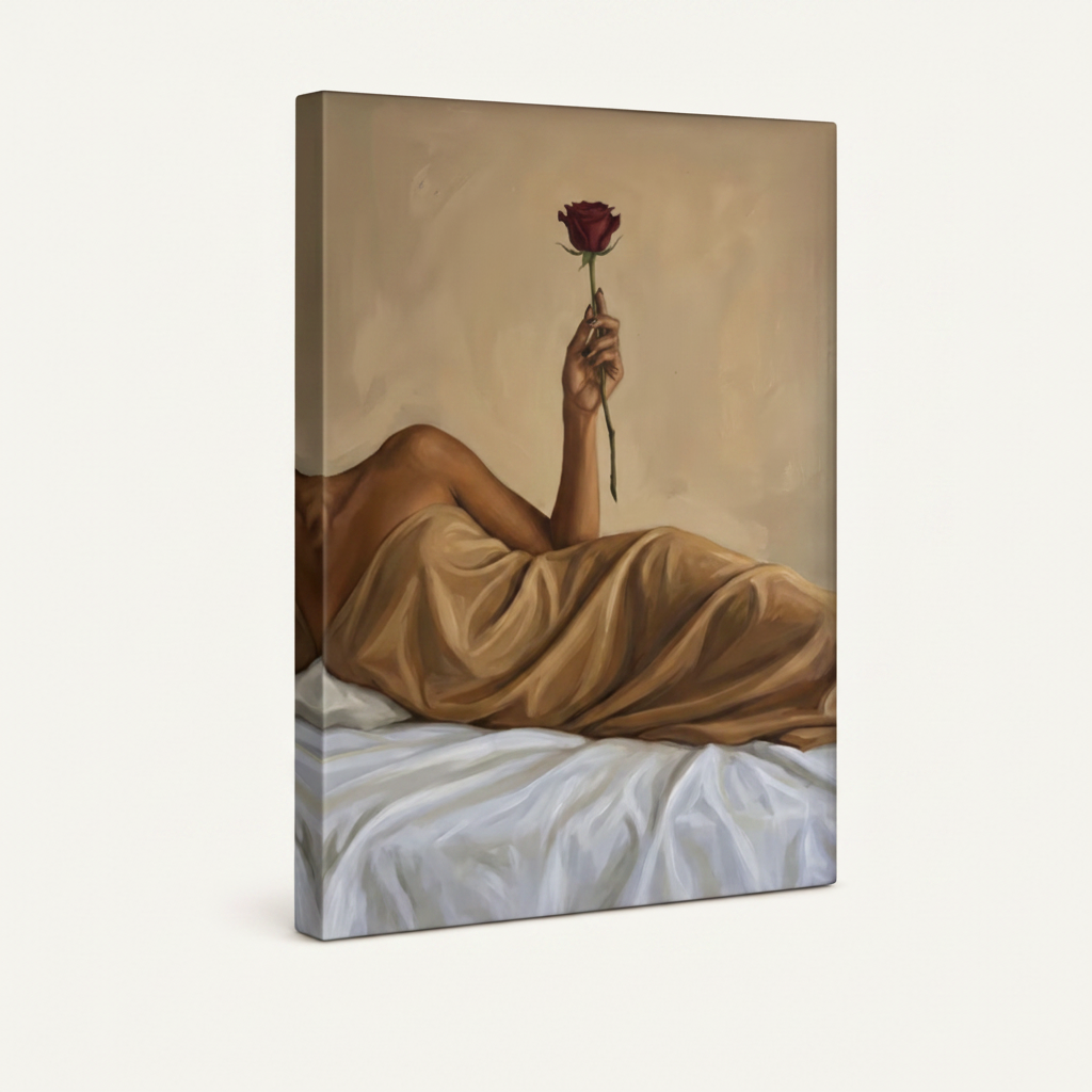  Gallery wrap canvas of woman reclining in golden silk holding a red rose, frameless angled view