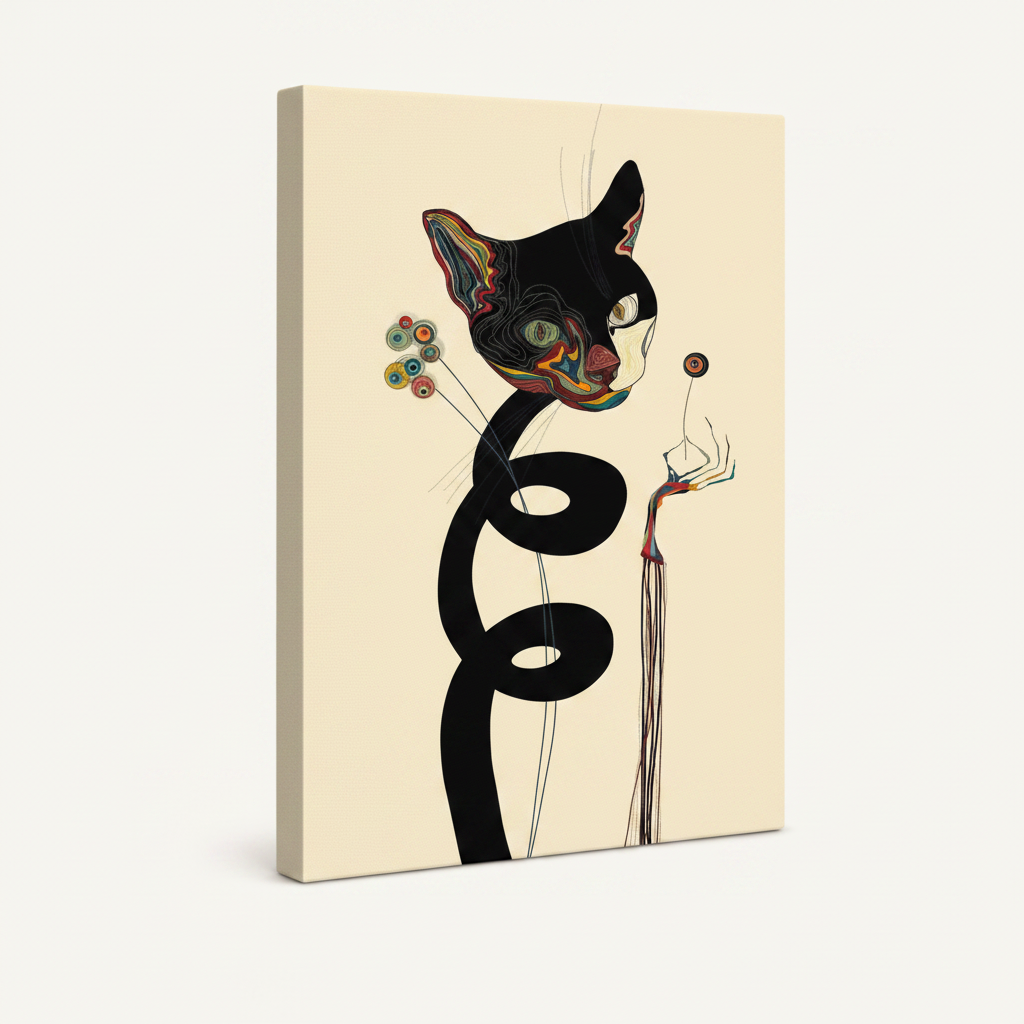 Stretched canvas minimalist cat illustration showing side depth and edge wrap on white background