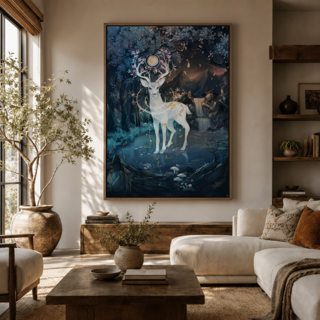 Mystical white stag canvas wall art in living room – fantasy enchanted forest print displayed above sofa by Aurewall