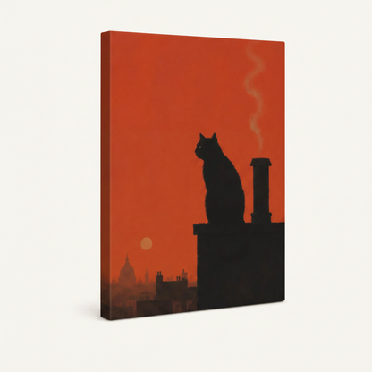 Stretched canvas gallery wrap of black cat rooftop silhouette art, side angle view on cream background