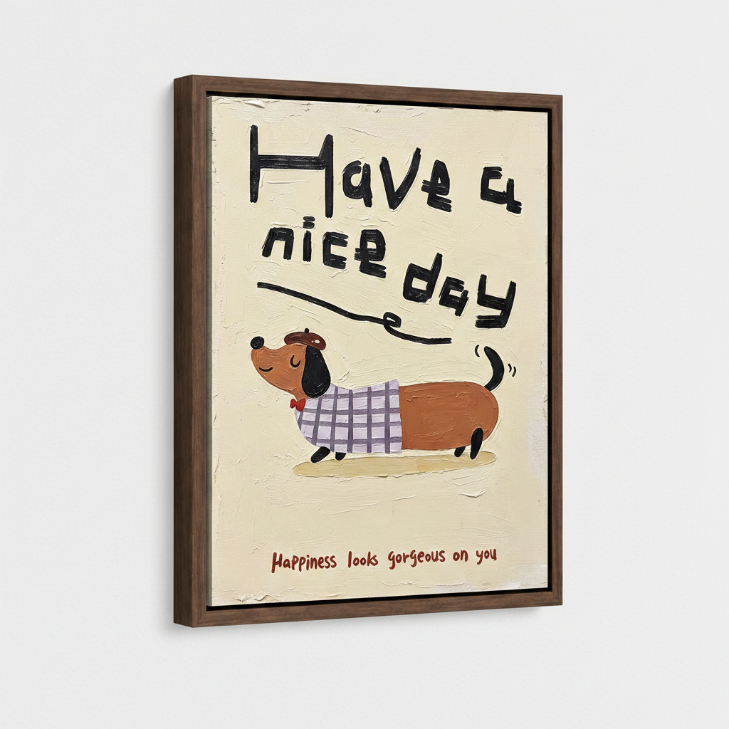 Framed naive oil painting of dressed dachshund, dark walnut floating frame, 3/4 angle view on clean off-white wall
