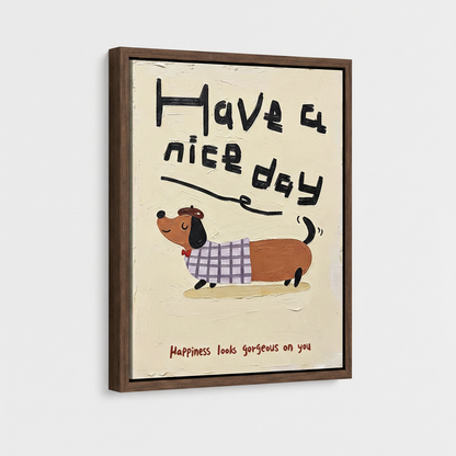 Framed naive oil painting of dressed dachshund, dark walnut floating frame, 3/4 angle view on clean off-white wall
