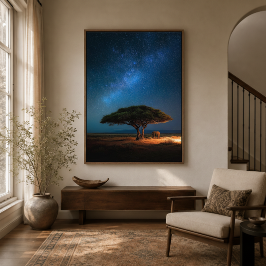 Starry sky African savanna canvas wall art in study – dramatic night landscape with lone acacia under Milky Way as awe-inspiring wall focal point by Aurewall