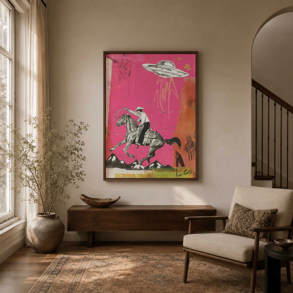 Bold pink cowboy UFO pop art canvas in entryway – surreal western sci-fi print as maximalist hallway statement piece by Aurewall