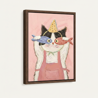 Framed naive oil painting of party cat holding blue and red fish, dark walnut floating frame, 3/4 angle view
