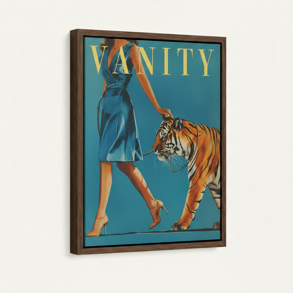 Framed canvas print with dark walnut float frame featuring retro woman and Bengal tiger illustration
