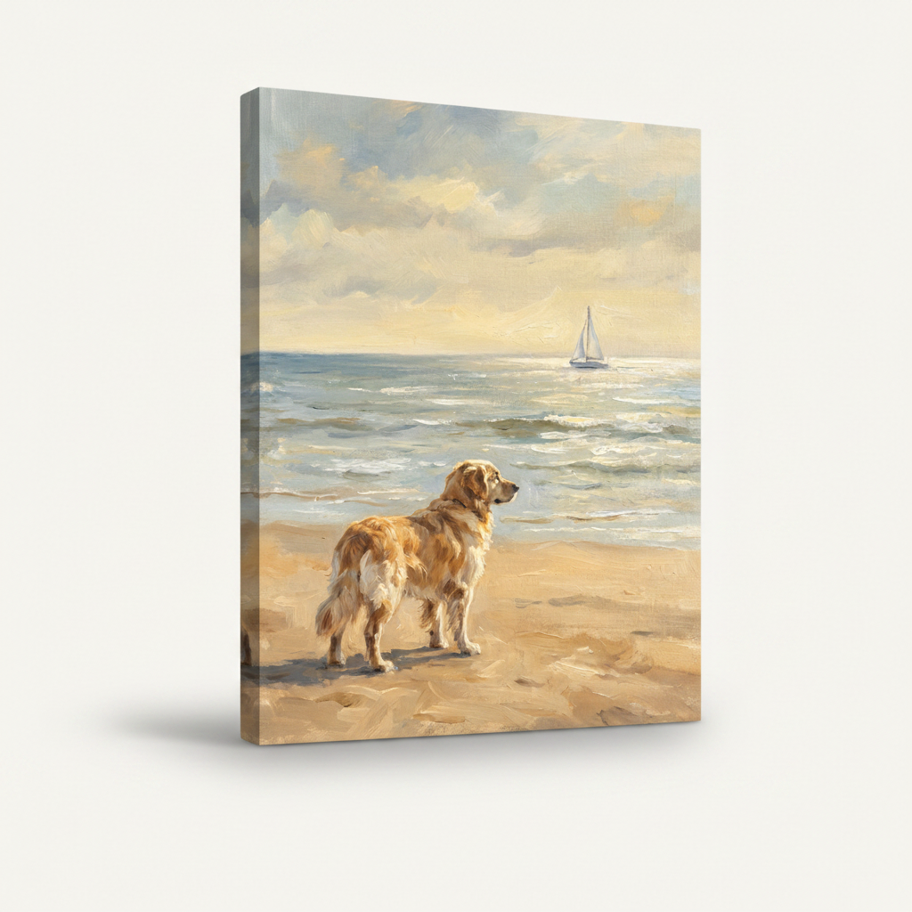 Stretched canvas wall art featuring a golden retriever at the seaside, gallery wrap, angled product view