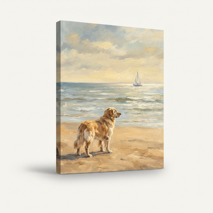 Stretched canvas wall art featuring a golden retriever at the seaside, gallery wrap, angled product view