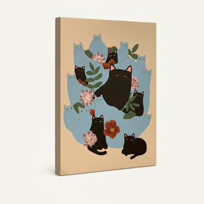 Stretched canvas wrap with whimsical black cats floral illustration, 3/4 angle view on white background