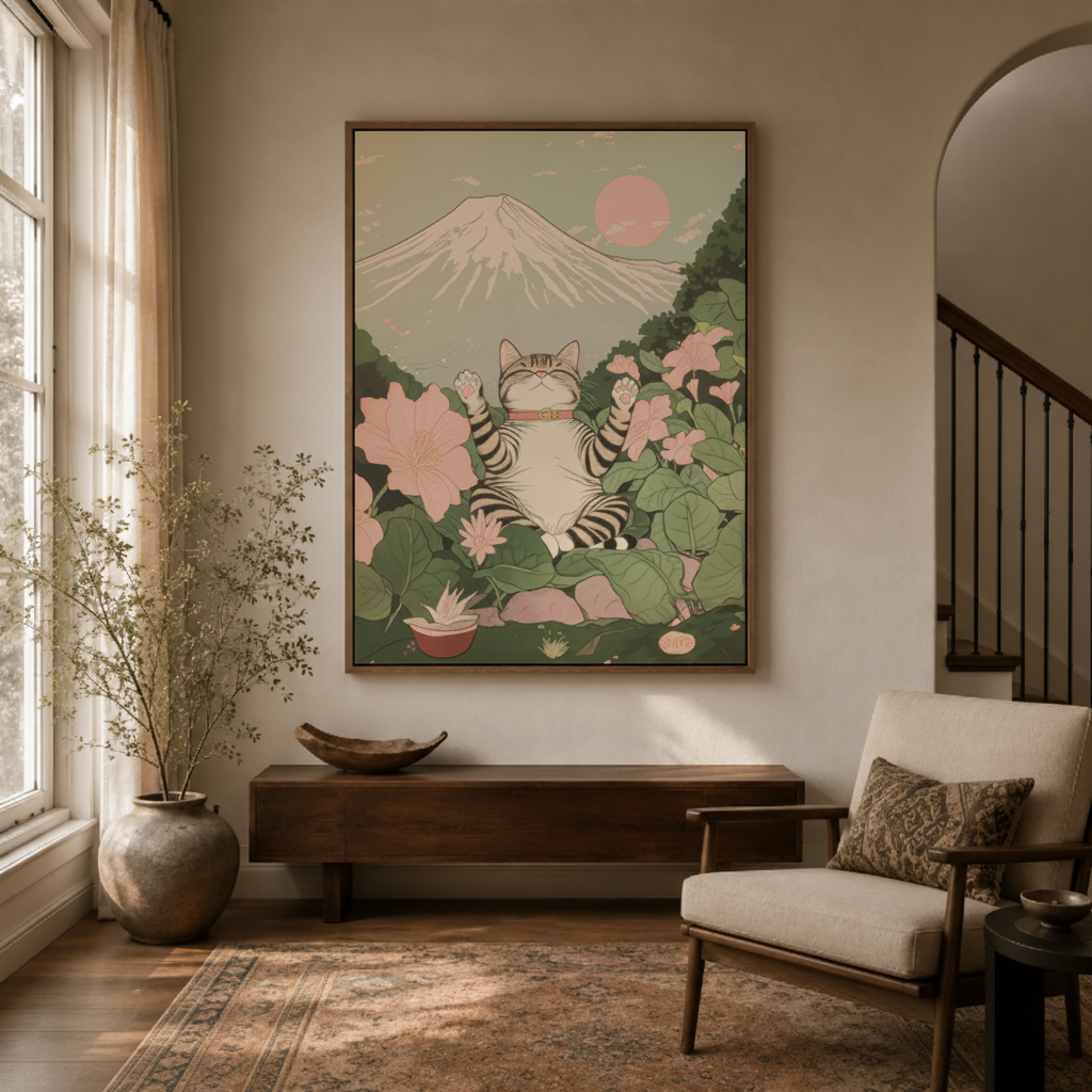 Japanese Mount Fuji zen canvas wall art in meditation room – modern ukiyo-e illustration with cranes and koi pond as serene statement piece by Aurewall