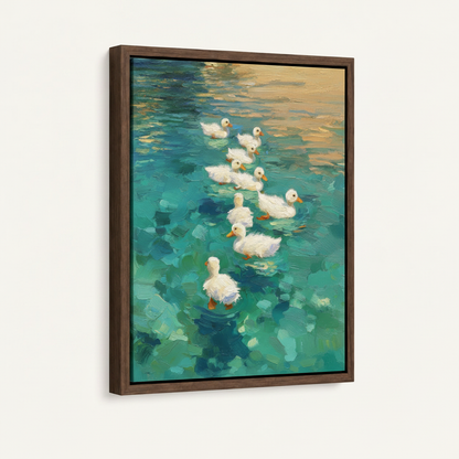 Framed impressionist duck oil painting canvas, dark walnut floating frame, 3/4 angle view on clean off-white wall