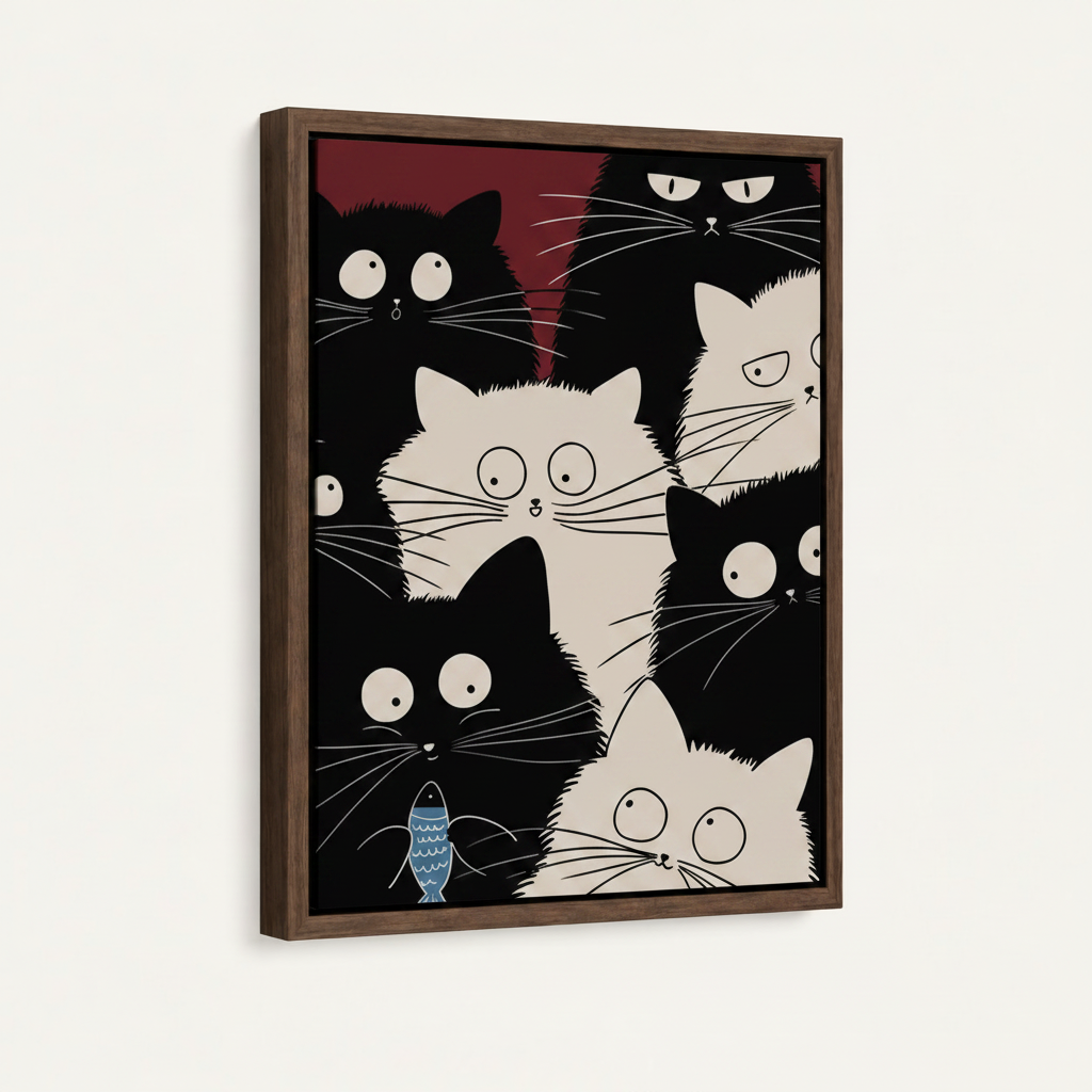 Cat crowd illustration in dark walnut float frame, front-facing product shot
