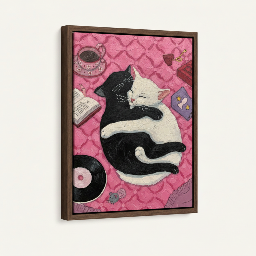  Whimsical cat canvas art in dark walnut float frame on clean off-white background product shot