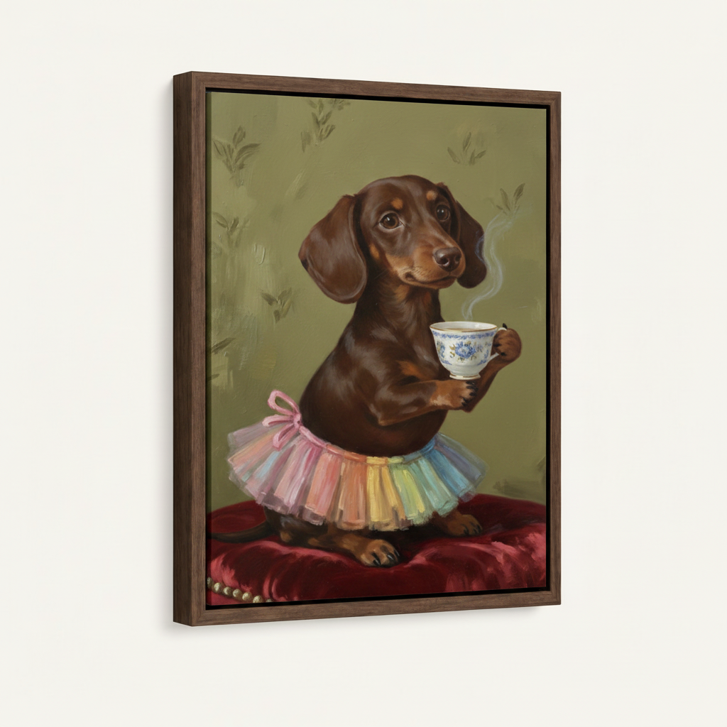 Dark walnut floating frame canvas print of brown dachshund in tutu sipping tea on red velvet cushion