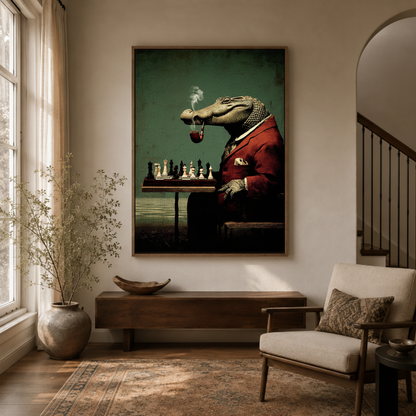 Dapper crocodile chess canvas print in home office – humorous oil painting with red-suited crocodile smoking cigar as witty sophisticated study wall decor by Aurewall