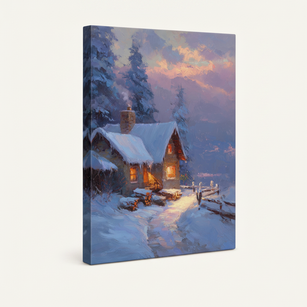 Snowy night cabin stretched canvas print – unframed impressionist winter landscape with warm golden light and blue twilight sky by Aurewall