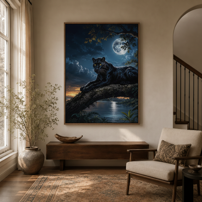 Black panther moon canvas wall art in entryway – dark mysterious wildlife oil painting as dramatic luxurious hallway statement piece by Aurewall