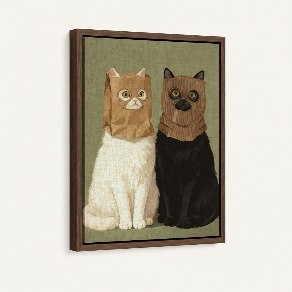 Paper bag cats illustration canvas in dark walnut float frame, 3/4 angle product view on off-white background