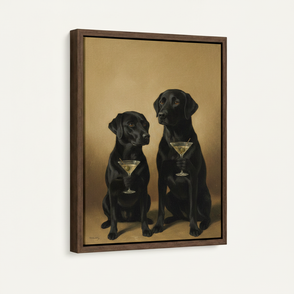 Stretched canvas cocktail dog art – unframed black lab painting for modern minimalist home decor