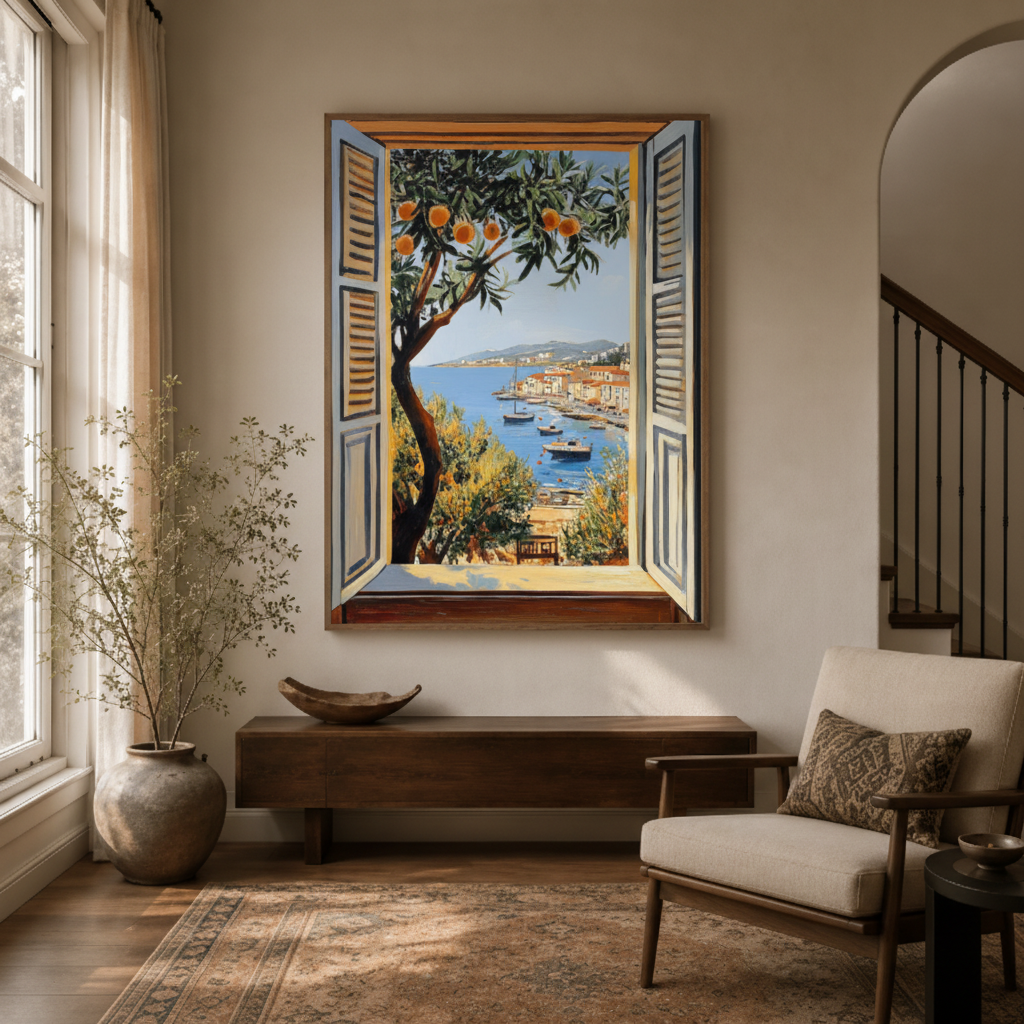 Mediterranean window view canvas wall art in entryway – coastal oil painting with olive branch and blue sea as elegant hallway piece by Aurewall