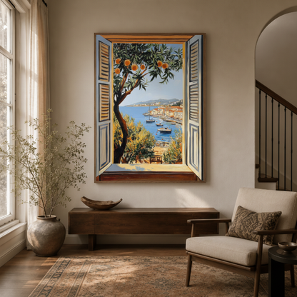 Mediterranean window view canvas wall art in entryway – coastal oil painting with olive branch and blue sea as elegant hallway piece by Aurewall
