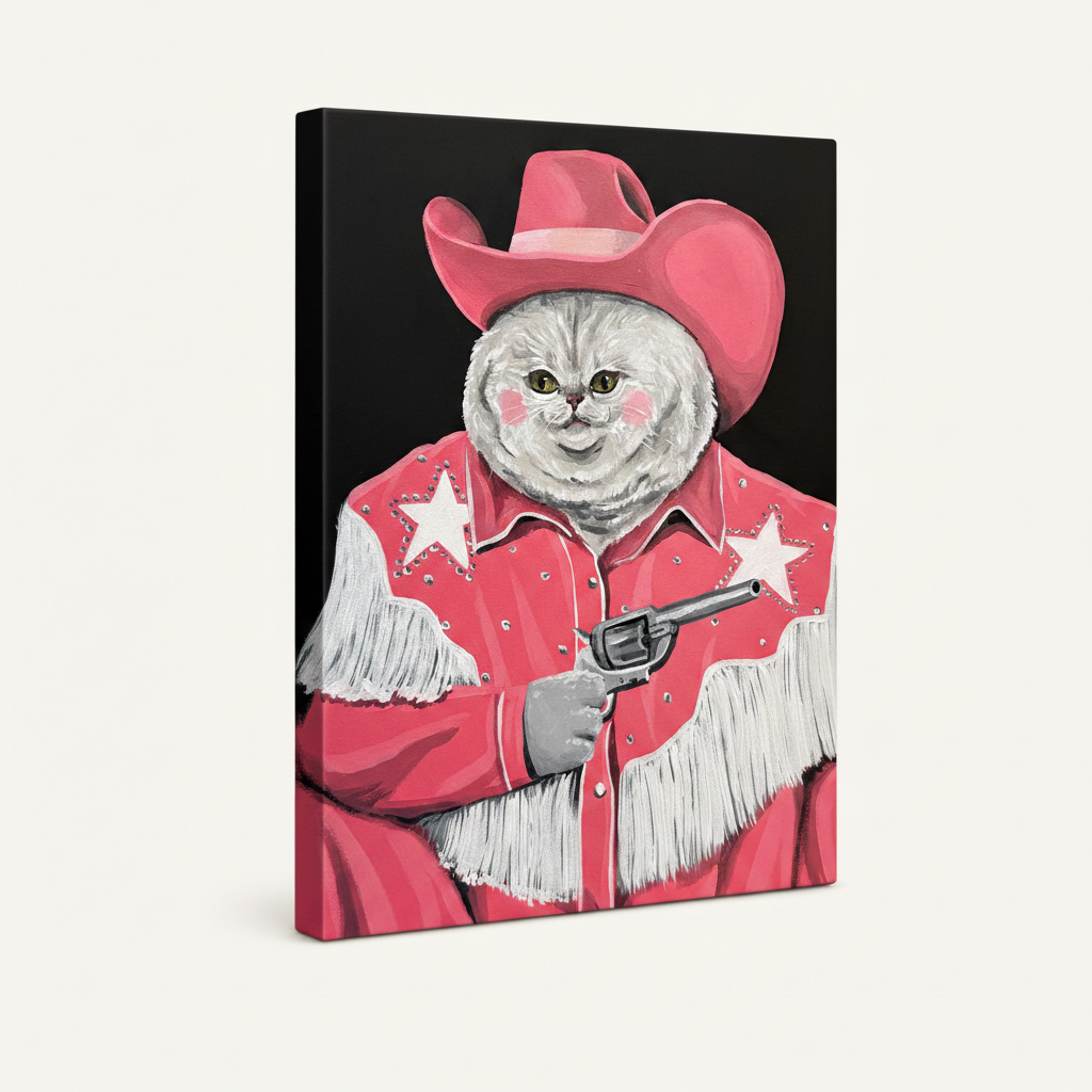White cat in rhinestone cowboy outfit on gallery-wrapped canvas with black artwork-wrapped edges