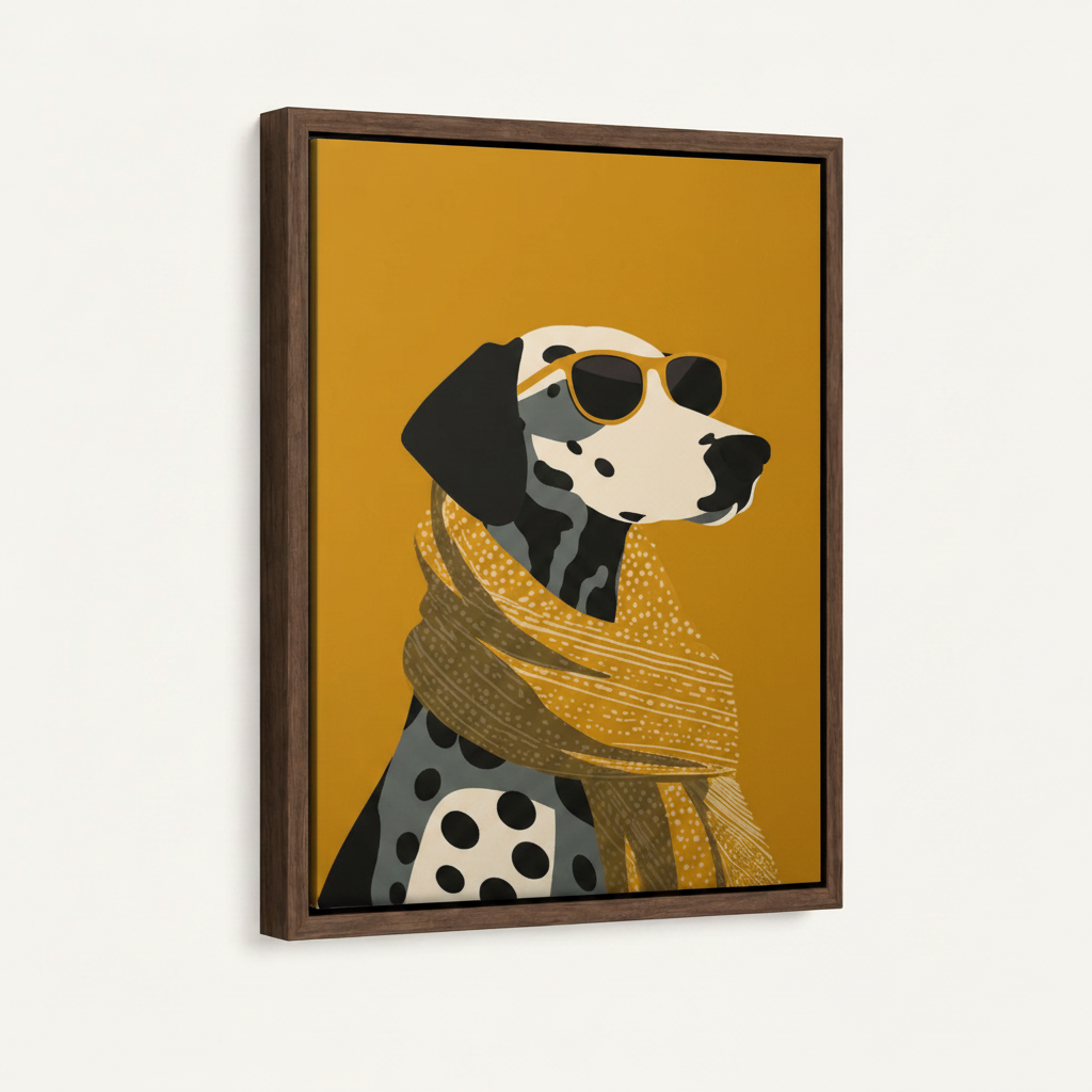 Dalmatian sunglasses scarf canvas in dark walnut floating frame shown at 3/4 angle on white background