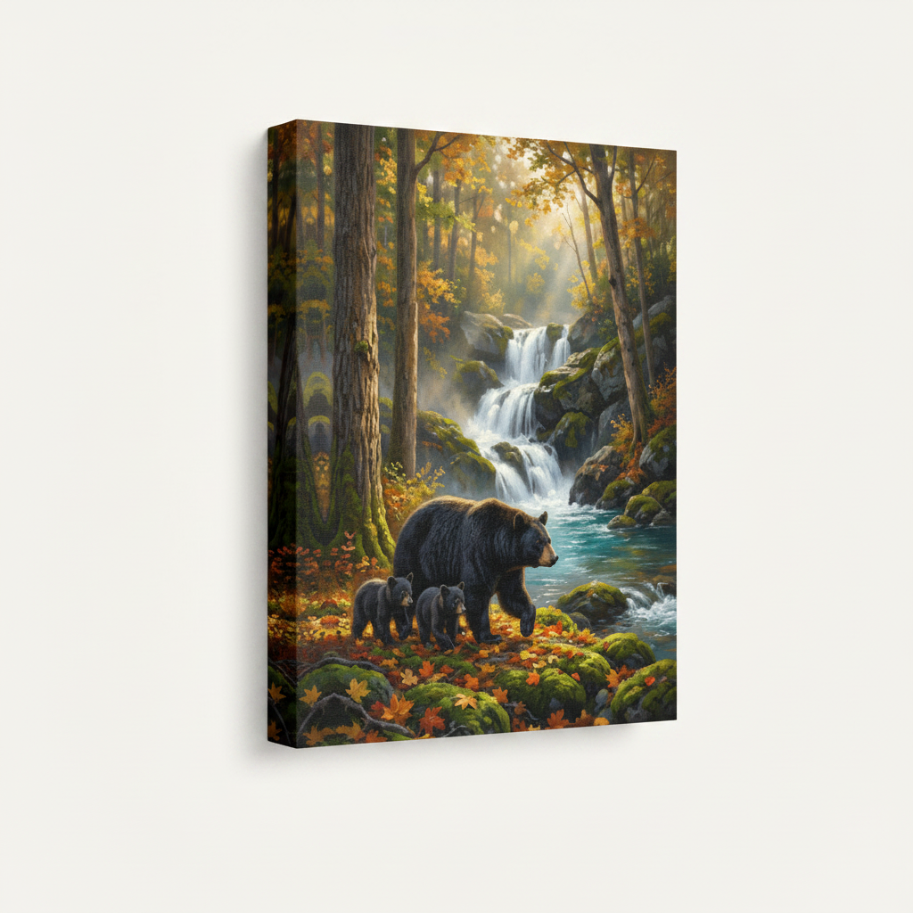 Autumn forest bear family stretched canvas print – unframed wildlife oil painting with golden leaves and cascading waterfall by Aurewall