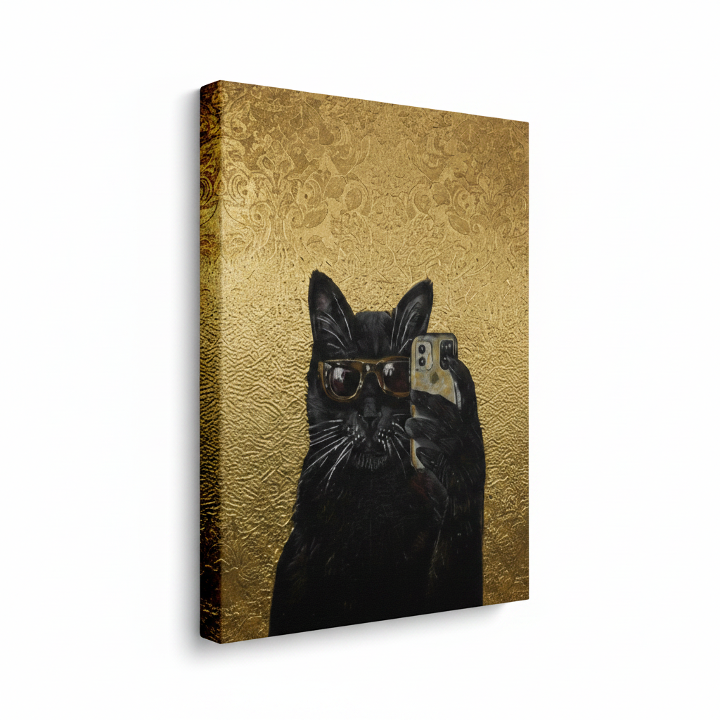 Funny black cat sunglasses gallery wrap canvas, portrait orientation white background product mockup