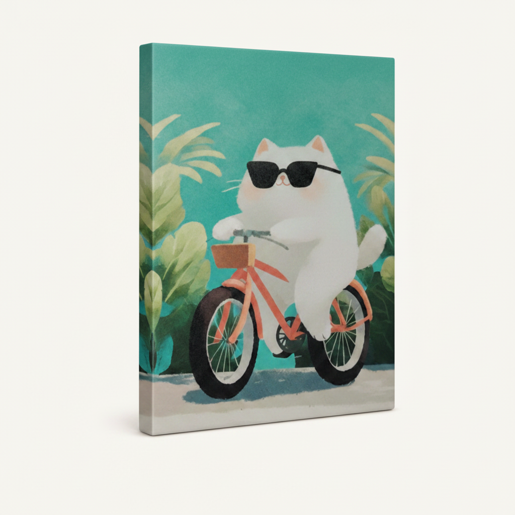 Stretched canvas funny cat bicycle art with teal tropical background, gallery-wrap side view