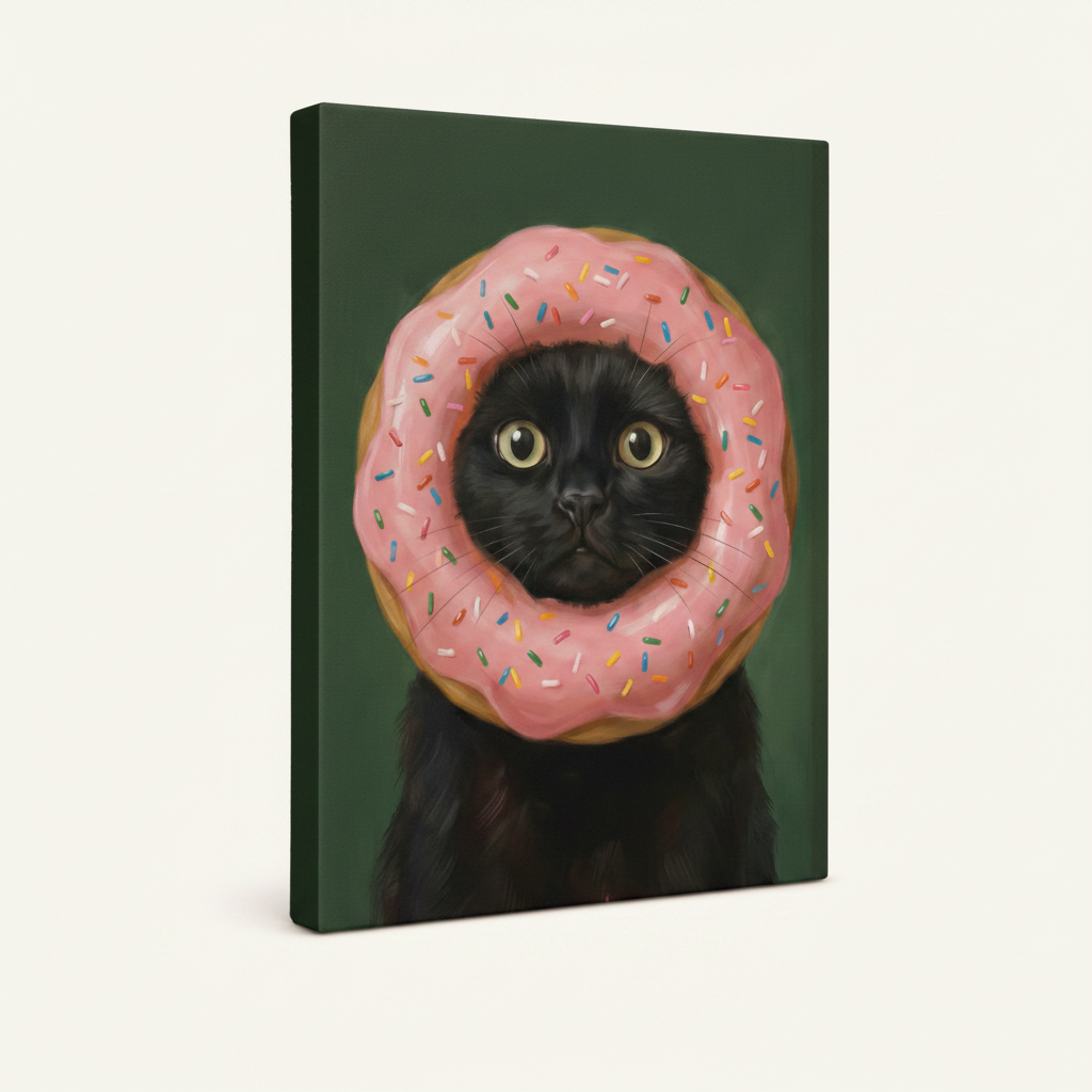 Gallery wrapped canvas featuring a wide-eyed black cat in a pink frosted donut, angled view