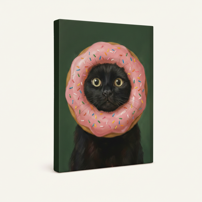Gallery wrapped canvas featuring a wide-eyed black cat in a pink frosted donut, angled view