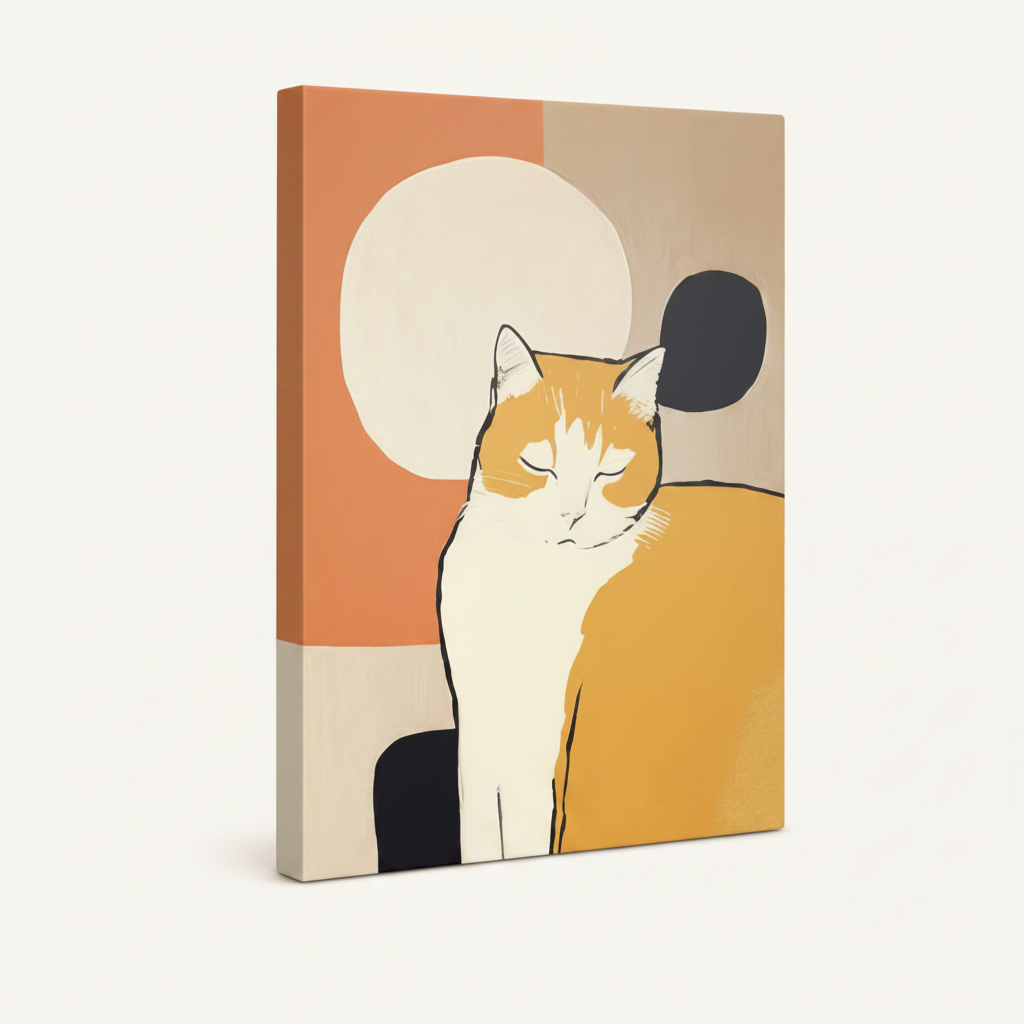 Gallery wrap abstract cat geometric canvas with warm beige painted edges on off-white background