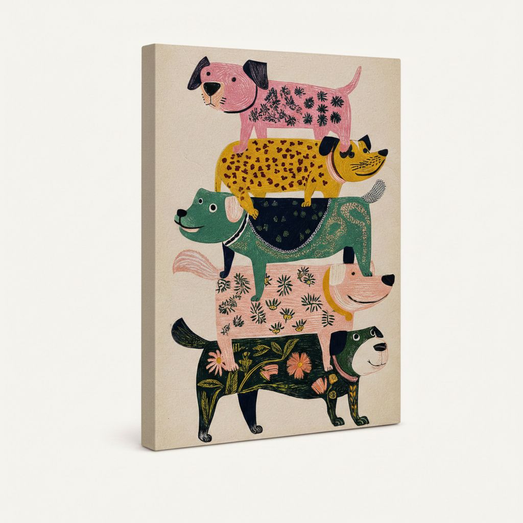 Gallery wrap canvas print featuring folk art stacked dogs illustration, side angle view
